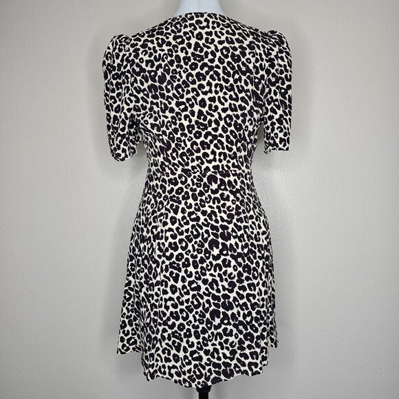 Something Navy S Leopard Print Mini Dress Short Puff Sleeve Button Animal Swing - Picture 5 of 7